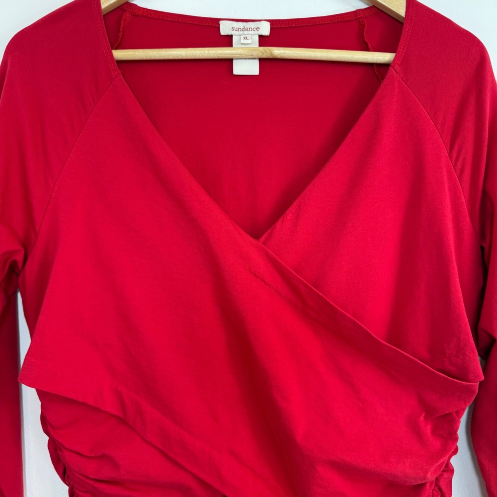 Sundance Ruched Wrap Top XL Red Long Sleeve Stretch‎ Boho Romantic Blouse - Picture 3 of 10